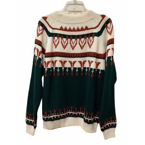 Vintage JC Penny Acrylic Red Green Chunky Knit Geometric Sweater L